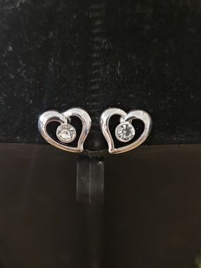 Silver Heart Stud Earrings with Crystal Floating Stones Center